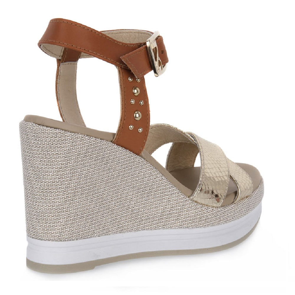 Scarpe donna NEROGIARDINI - art E218790D 415- sandalo con zeppa alta platino cuoio