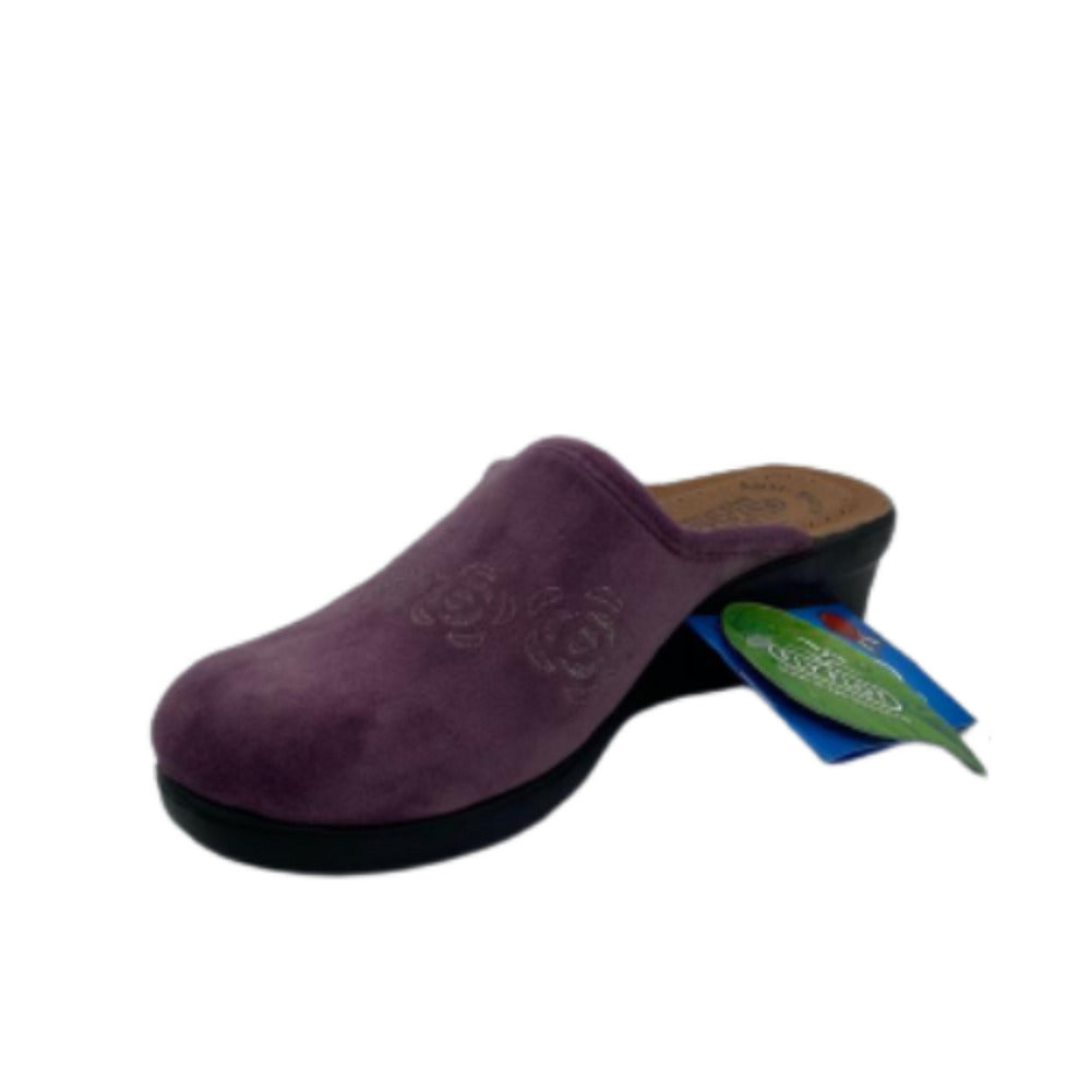 pantofola da donna, colore lilla, con tessuto in velluto con suola antiscivolo e un rialzo di 3.5cm