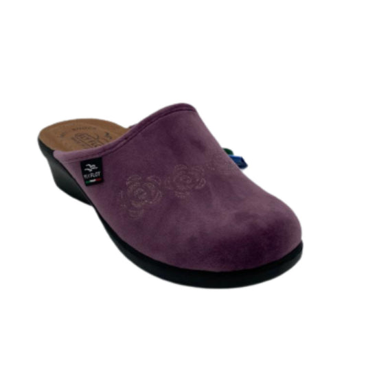 pantofola da donna, colore lilla, con tessuto  in velluto  con suola antiscivolo e un rialzo di 3.5cm  